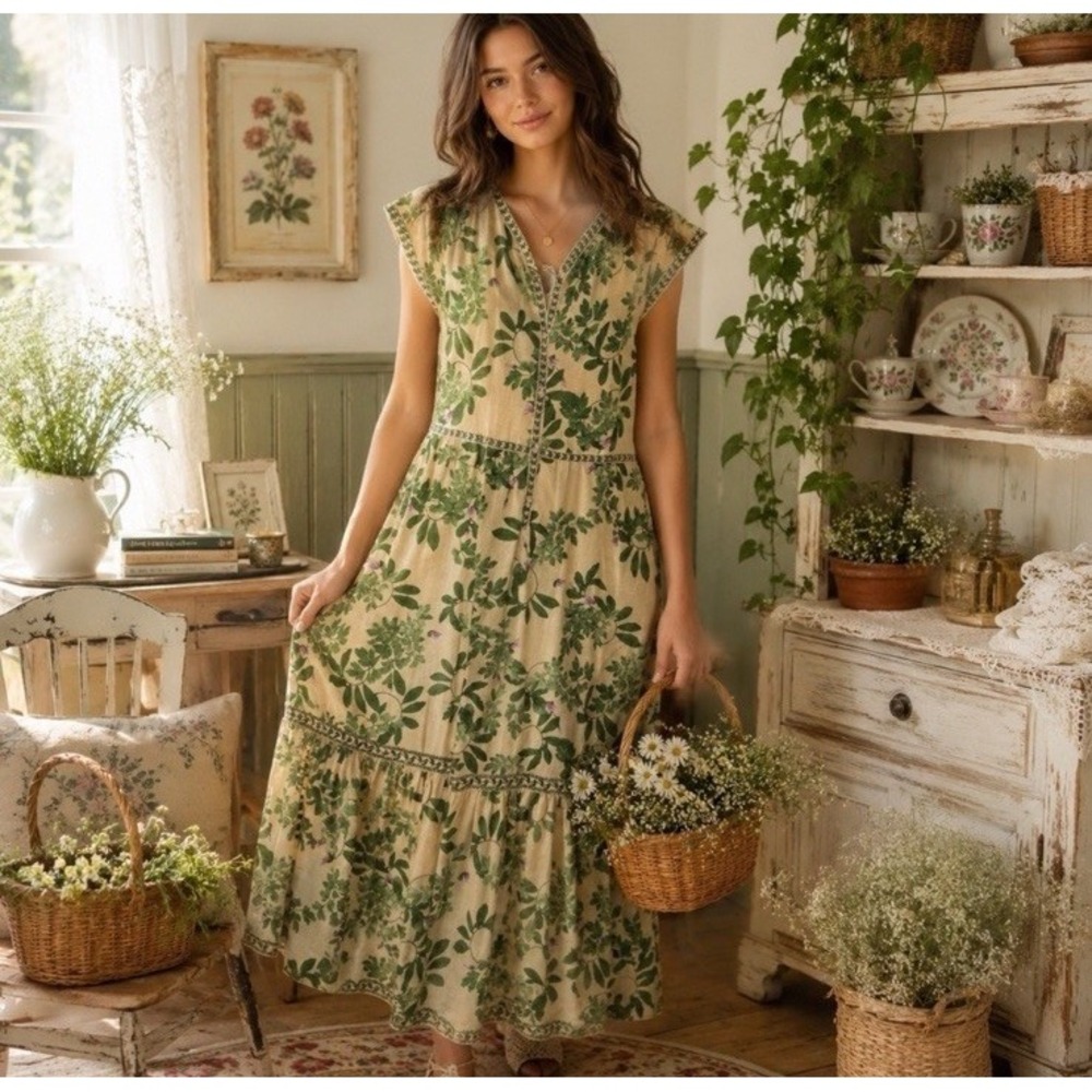 Max Studio Linen-Blend Cream Green Floral MaxiDress CottageCore Ruffle Large